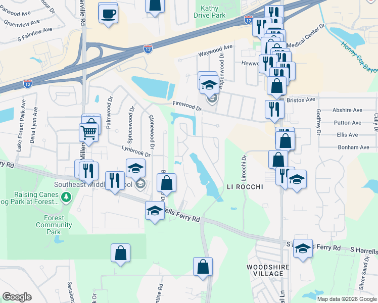 map of restaurants, bars, coffee shops, grocery stores, and more near 2127 Shadowbrook Drive in Baton Rouge