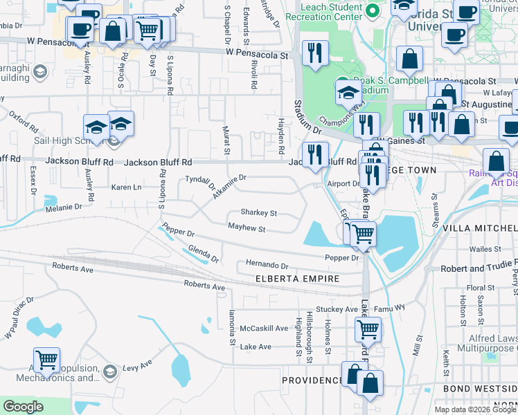 map of restaurants, bars, coffee shops, grocery stores, and more near 1646 Sharkey Street in Tallahassee