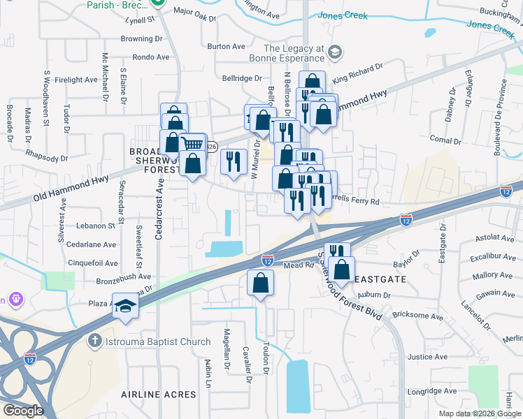 map of restaurants, bars, coffee shops, grocery stores, and more near 11110 North Harrells Ferry Road in Baton Rouge