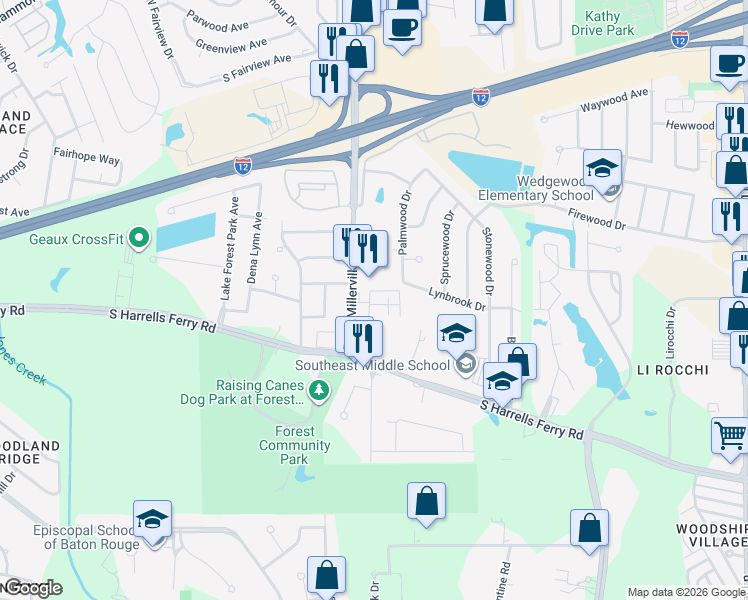 map of restaurants, bars, coffee shops, grocery stores, and more near in Baton Rouge