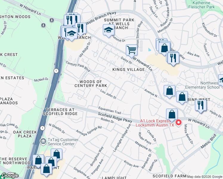 map of restaurants, bars, coffee shops, grocery stores, and more near 13512 Ryan Matthew Drive in Austin