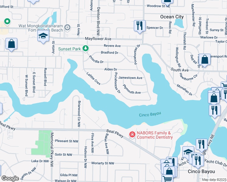 map of restaurants, bars, coffee shops, grocery stores, and more near 567 Pocahontas Drive in Fort Walton Beach