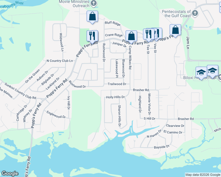 map of restaurants, bars, coffee shops, grocery stores, and more near 2086 Camp Wilkes Road in Biloxi