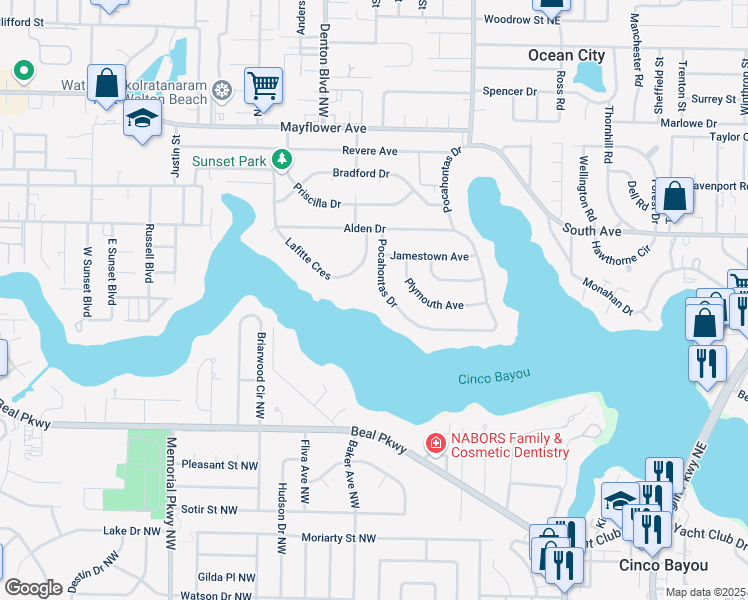 map of restaurants, bars, coffee shops, grocery stores, and more near 567 Pocahontas Drive in Fort Walton Beach