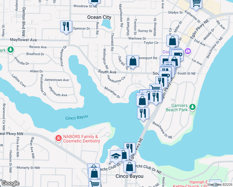 map of restaurants, bars, coffee shops, grocery stores, and more near 160 Monahan Drive in Fort Walton Beach