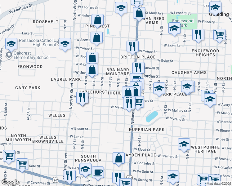 map of restaurants, bars, coffee shops, grocery stores, and more near 1919 North Q Street in Pensacola
