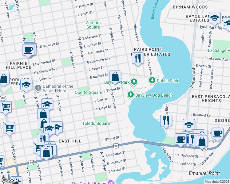 map of restaurants, bars, coffee shops, grocery stores, and more near 1905 East Blount Street in Pensacola