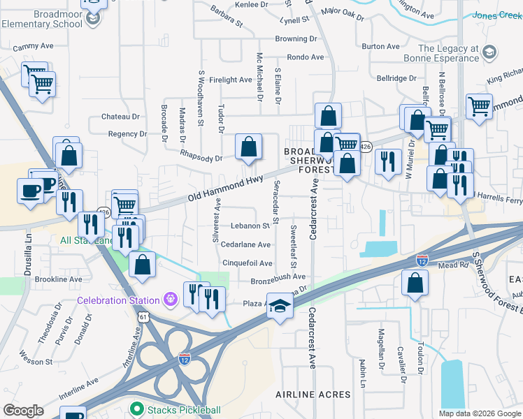map of restaurants, bars, coffee shops, grocery stores, and more near 10457 Cyprus Cedar Street in Baton Rouge