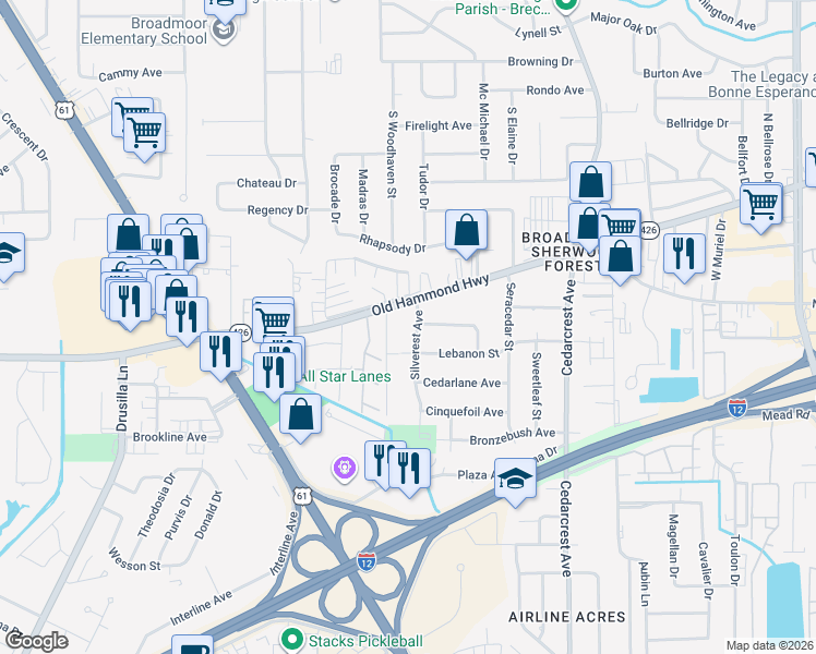 map of restaurants, bars, coffee shops, grocery stores, and more near 2120 Silverest Avenue in Baton Rouge