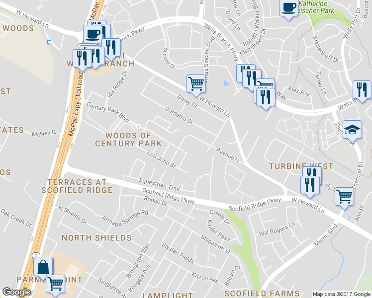 map of restaurants, bars, coffee shops, grocery stores, and more near 2308 Century Park Boulevard in Austin