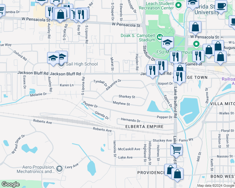 map of restaurants, bars, coffee shops, grocery stores, and more near 1670 Sharkey Street in Tallahassee