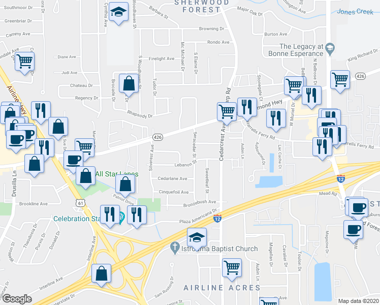 map of restaurants, bars, coffee shops, grocery stores, and more near 10457 Cyprus Cedar Street in Baton Rouge