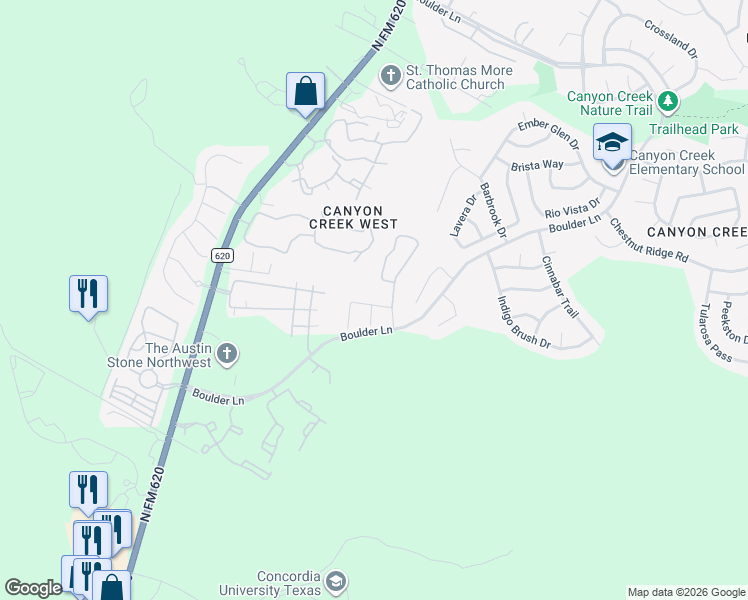 map of restaurants, bars, coffee shops, grocery stores, and more near 11412 Tibee Drive in Austin
