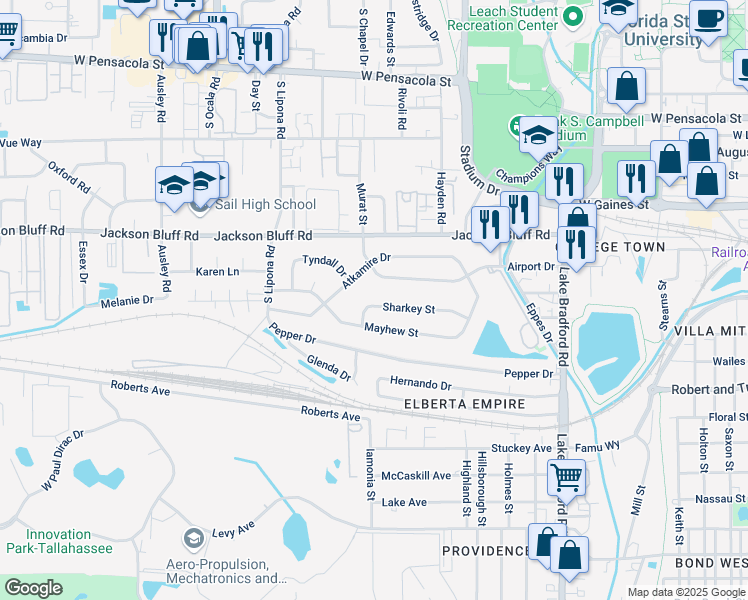 map of restaurants, bars, coffee shops, grocery stores, and more near 1674 Sharkey Street in Tallahassee