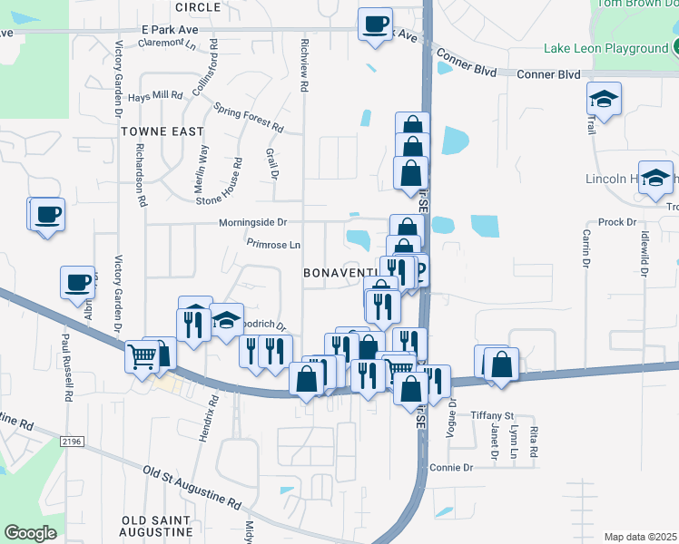 map of restaurants, bars, coffee shops, grocery stores, and more near 1117 Pinecrest Drive in Tallahassee