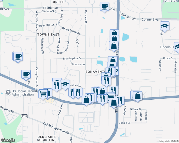 map of restaurants, bars, coffee shops, grocery stores, and more near 1117 Pinecrest Drive in Tallahassee