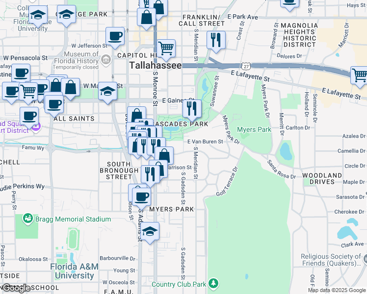 map of restaurants, bars, coffee shops, grocery stores, and more near 422 Oakland Avenue in Tallahassee