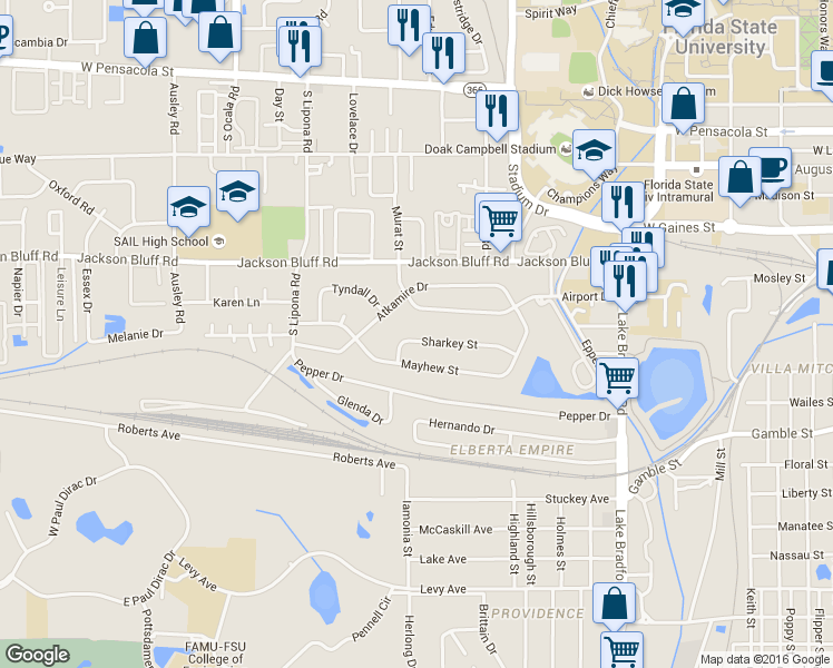 map of restaurants, bars, coffee shops, grocery stores, and more near 1674 Sharkey Street in Tallahassee