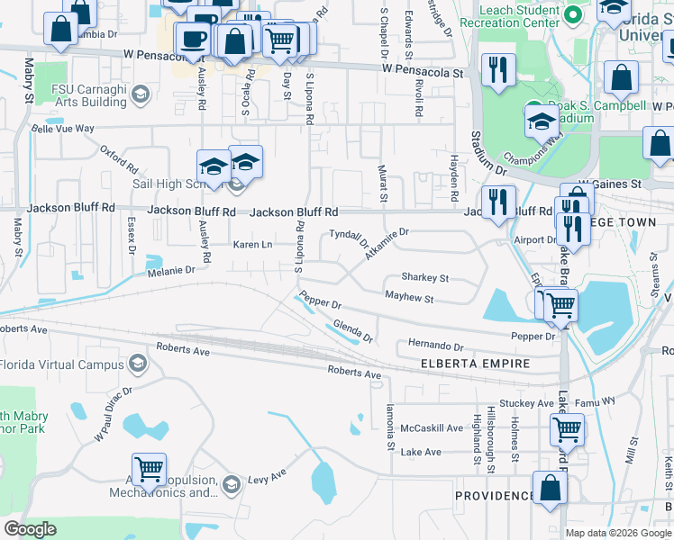 map of restaurants, bars, coffee shops, grocery stores, and more near 1813 Mayhew Street in Tallahassee