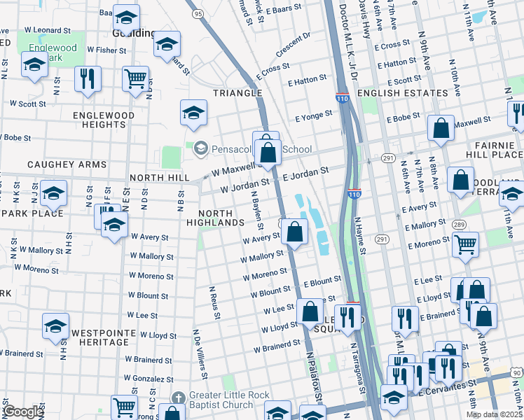 map of restaurants, bars, coffee shops, grocery stores, and more near 20A West Lakeview Avenue in Pensacola