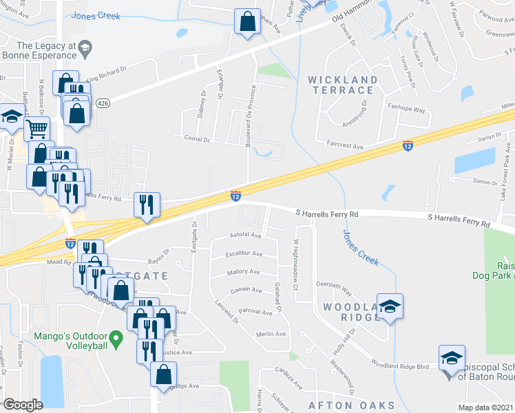 map of restaurants, bars, coffee shops, grocery stores, and more near 12451 South Harrells Ferry Road in Baton Rouge