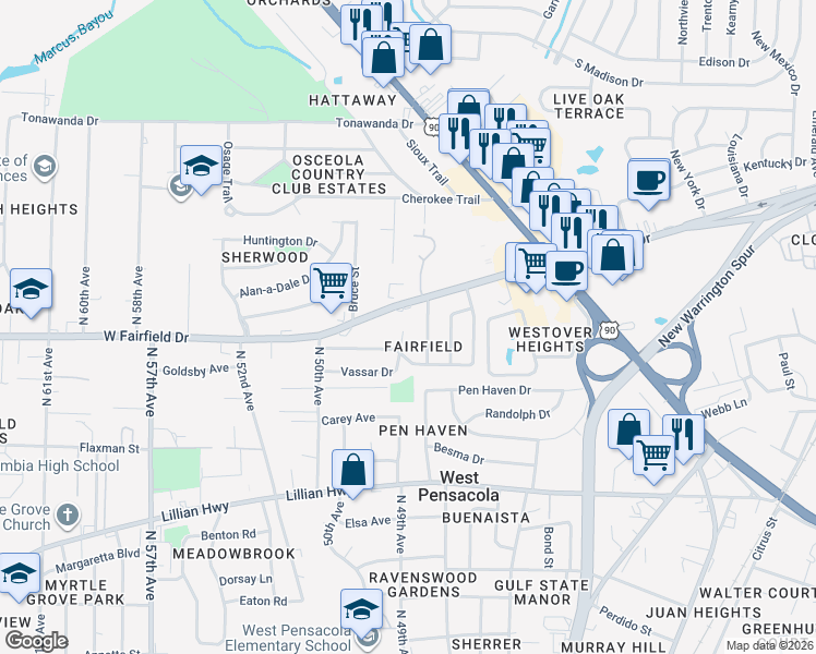 map of restaurants, bars, coffee shops, grocery stores, and more near 30 Vassar Drive in Pensacola