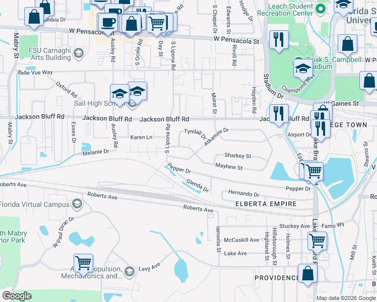 map of restaurants, bars, coffee shops, grocery stores, and more near 1813 Mayhew Street in Tallahassee