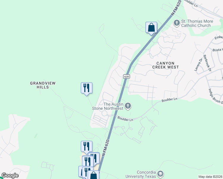 map of restaurants, bars, coffee shops, grocery stores, and more near 9100 Bayshore Bend in Austin