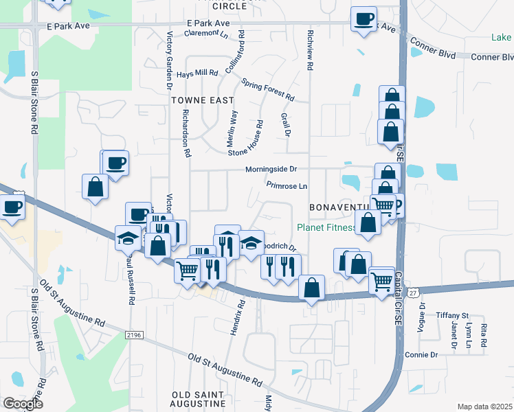 map of restaurants, bars, coffee shops, grocery stores, and more near 1202 Cross Creek Way in Tallahassee