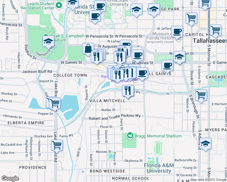 map of restaurants, bars, coffee shops, grocery stores, and more near 802 Famu Way in Tallahassee