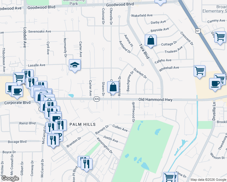map of restaurants, bars, coffee shops, grocery stores, and more near 1981 Chevelle Drive in Baton Rouge