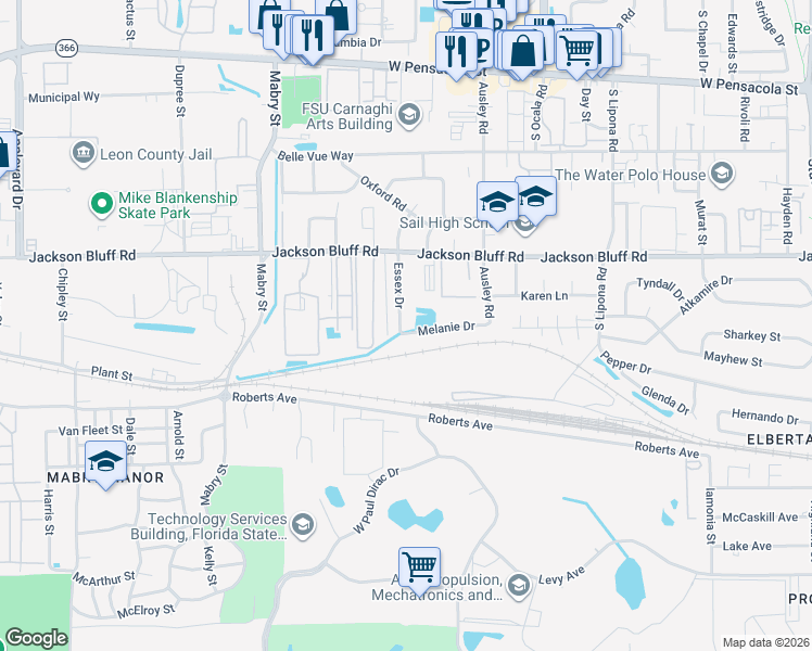 map of restaurants, bars, coffee shops, grocery stores, and more near 825 Essex Drive in Tallahassee