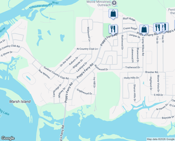 map of restaurants, bars, coffee shops, grocery stores, and more near 2211 Popps Ferry Road in Biloxi