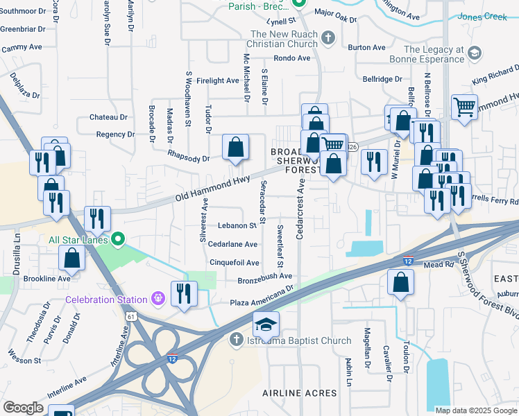 map of restaurants, bars, coffee shops, grocery stores, and more near 2156 Seracedar Street in Baton Rouge