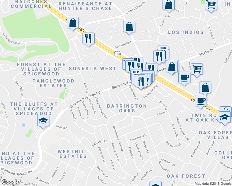 map of restaurants, bars, coffee shops, grocery stores, and more near 8009 Scotland Yard in Austin