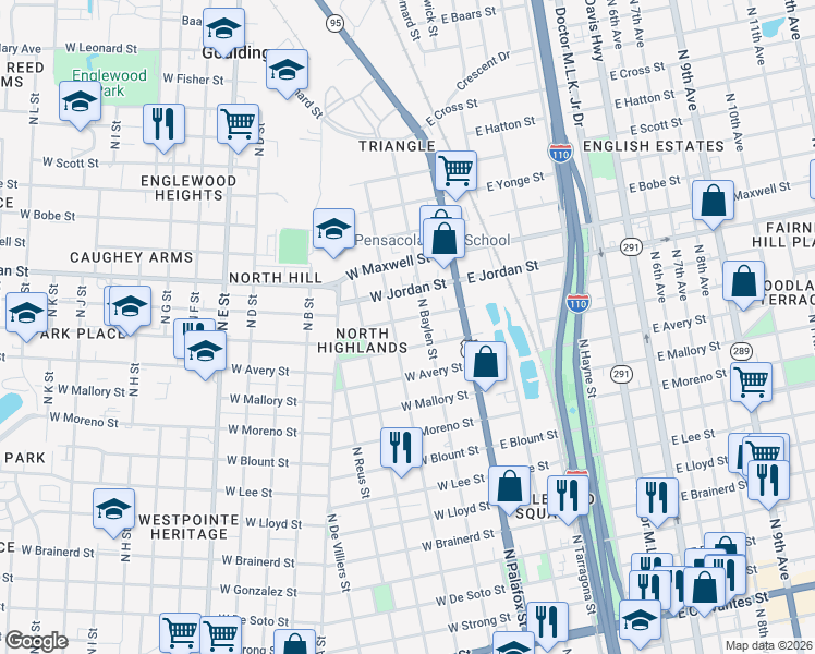map of restaurants, bars, coffee shops, grocery stores, and more near 111 West Hernandez Street in Pensacola