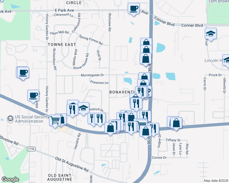 map of restaurants, bars, coffee shops, grocery stores, and more near 1117 Pinecrest Drive in Tallahassee