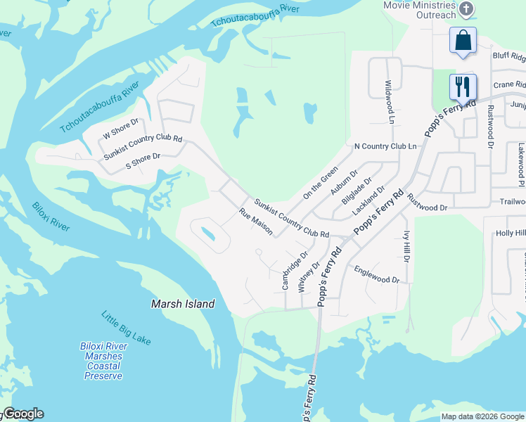 map of restaurants, bars, coffee shops, grocery stores, and more near 2313 Sunkist Country Club Road in Biloxi
