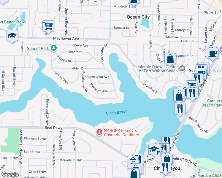 map of restaurants, bars, coffee shops, grocery stores, and more near 302 Plymouth Avenue in Fort Walton Beach