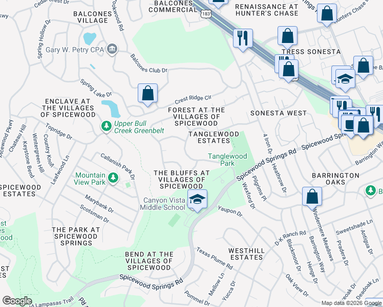 map of restaurants, bars, coffee shops, grocery stores, and more near 11447 Rustic Rock Drive in Austin