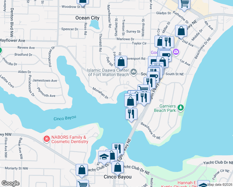 map of restaurants, bars, coffee shops, grocery stores, and more near 154 Monahan Drive in Fort Walton Beach