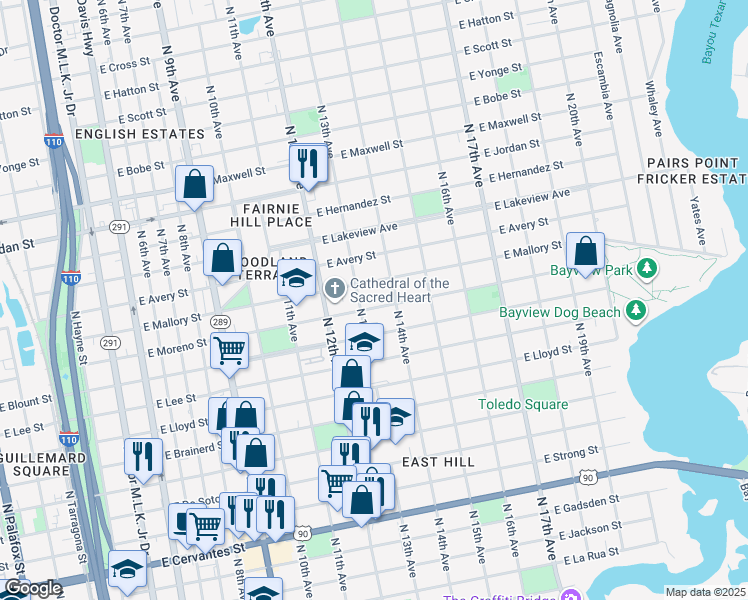 map of restaurants, bars, coffee shops, grocery stores, and more near 1310 East Moreno Street in Pensacola
