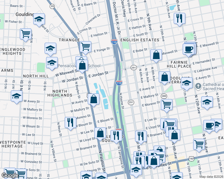 map of restaurants, bars, coffee shops, grocery stores, and more near 213 East Lakeview Avenue in Pensacola
