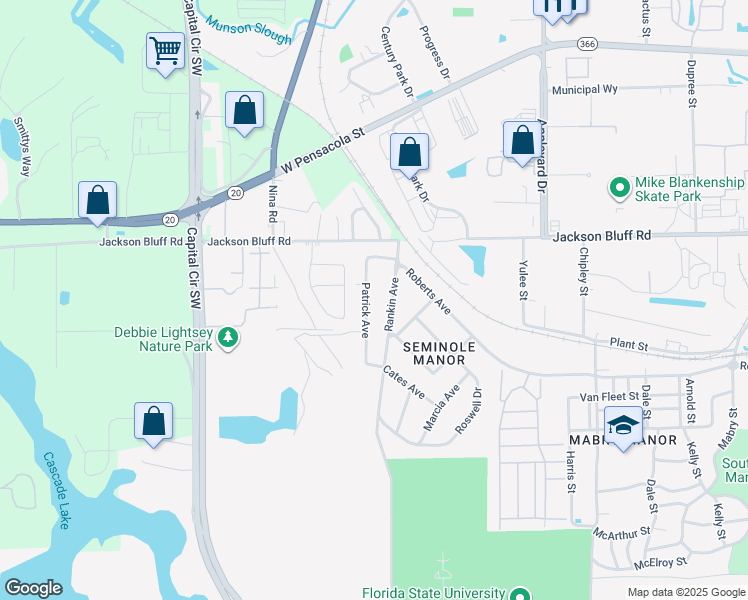 map of restaurants, bars, coffee shops, grocery stores, and more near 1525 Patrick Ave in Tallahassee