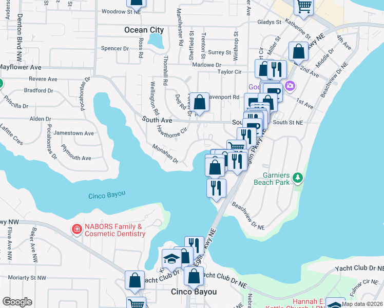 map of restaurants, bars, coffee shops, grocery stores, and more near 154 Monahan Drive in Fort Walton Beach
