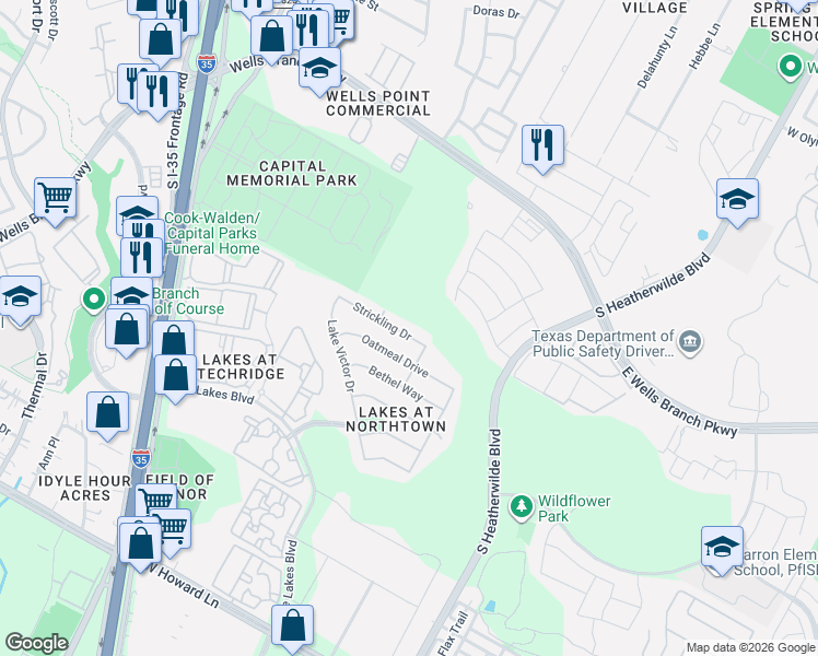 map of restaurants, bars, coffee shops, grocery stores, and more near 920 Strickling Drive in Austin