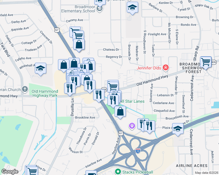 map of restaurants, bars, coffee shops, grocery stores, and more near 9889 Old Hammond Highway in Baton Rouge