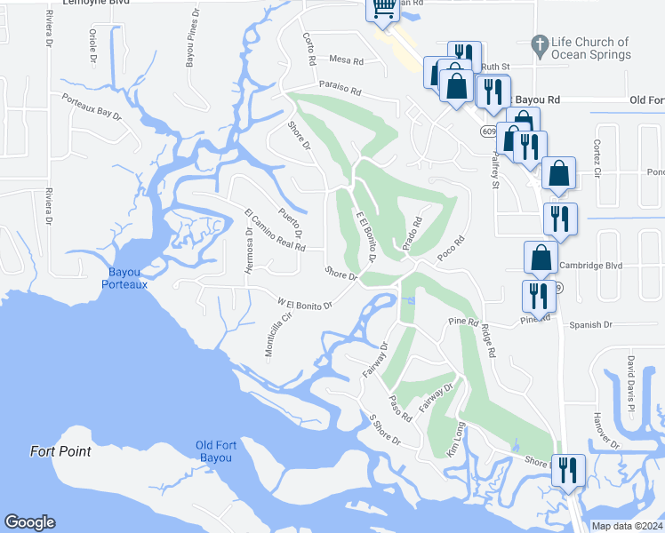 map of restaurants, bars, coffee shops, grocery stores, and more near 6204 Shore Drive in Ocean Springs
