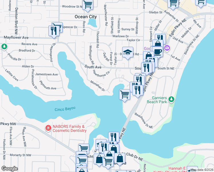 map of restaurants, bars, coffee shops, grocery stores, and more near 154 Monahan Drive in Fort Walton Beach