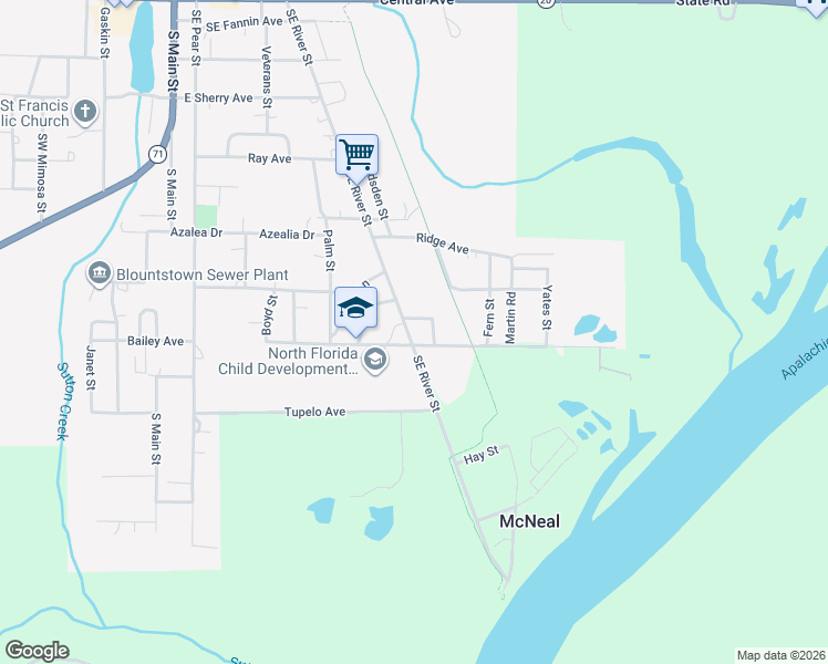 map of restaurants, bars, coffee shops, grocery stores, and more near 16089 Southeast River Street in Blountstown